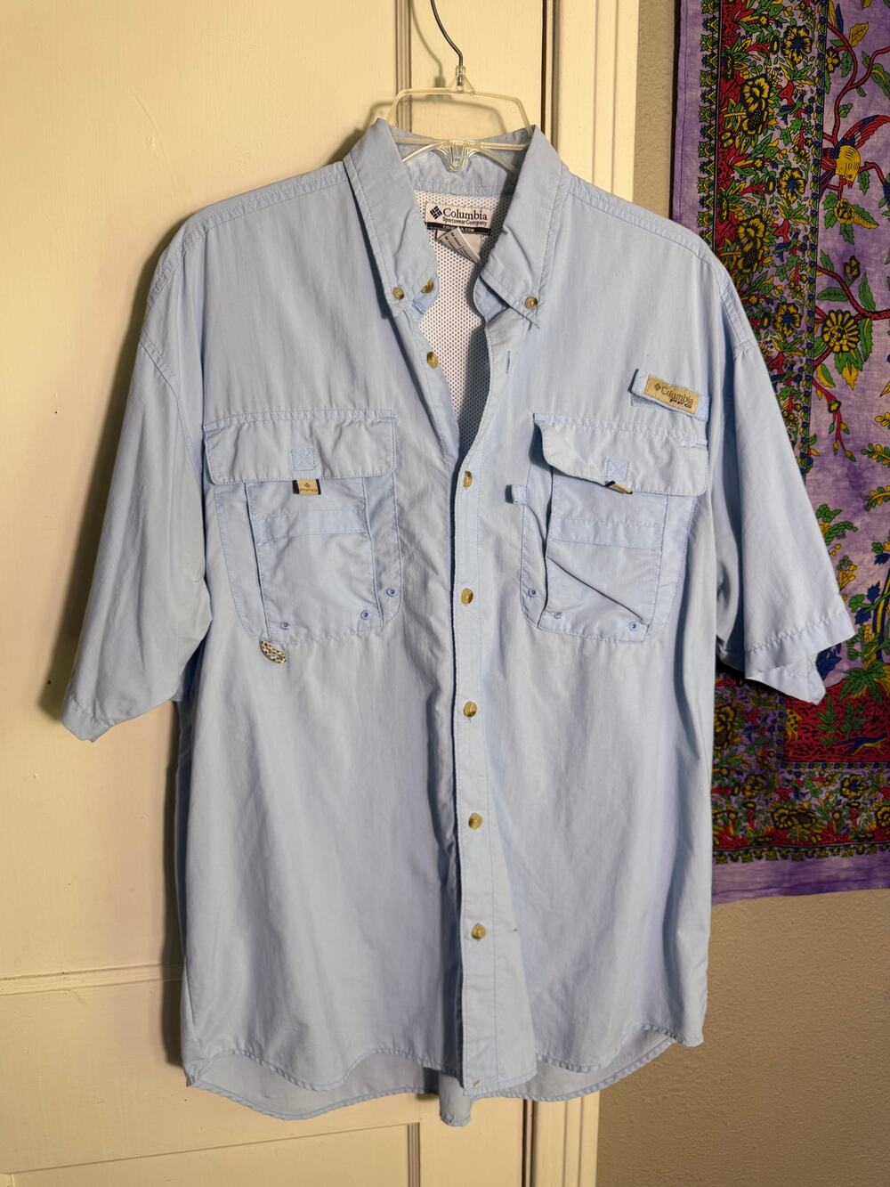 Columbia PFG Men’s Medium Fishing Shirt Blue Short Sleeve Vented Utility Outdoor